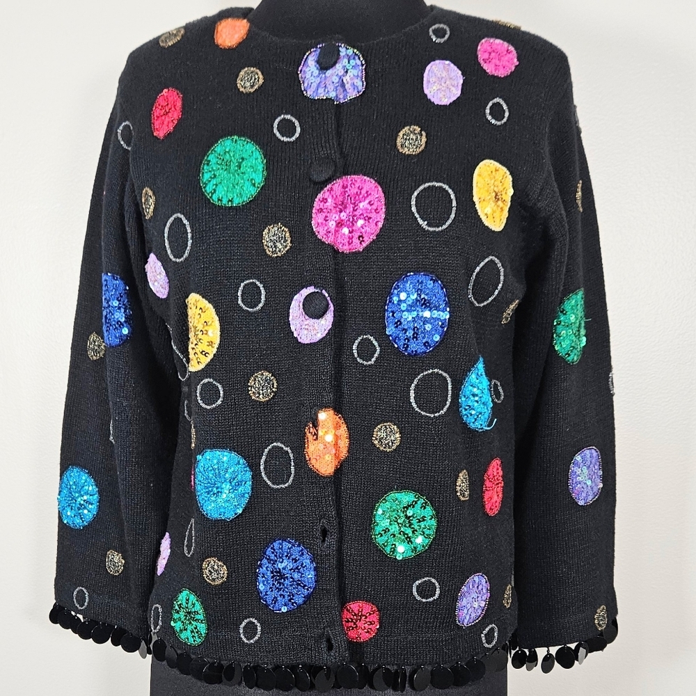 Vtg Janes Closet Whimsical Sequin Knit Cardigan Novelty Circles S